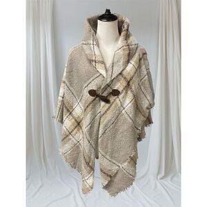 Modena Womens Chunky Double Plaid Beige Plaid Poncho Sweater Cover Up‎ One Size